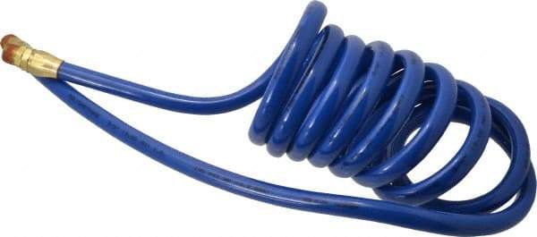 Coilhose Pneumatics - 3/8" ID, 3/8 Thread, 10' Long, Blue Polyurethane Coiled & Self Storing Hose - 115 Max psi, Male Swivel x Male Swivel - Benchmark Tooling