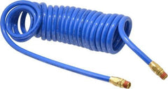 Coilhose Pneumatics - 3/8" ID, 3/8 Thread, 20' Long, Blue Polyurethane Coiled & Self Storing Hose - 115 Max psi, Male Swivel x Male Swivel - Benchmark Tooling