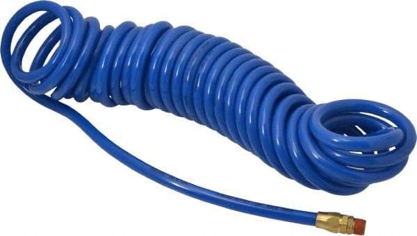 Coilhose Pneumatics - 3/8" ID, 3/8 Thread, 30' Long, Blue Polyurethane Coiled & Self Storing Hose - 115 Max psi, Male Swivel x Male Swivel - Benchmark Tooling