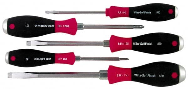 Wiha - 5 Piece Phillips & Slotted Screwdriver Set - Round Shank, Ergonomic Handle - Benchmark Tooling