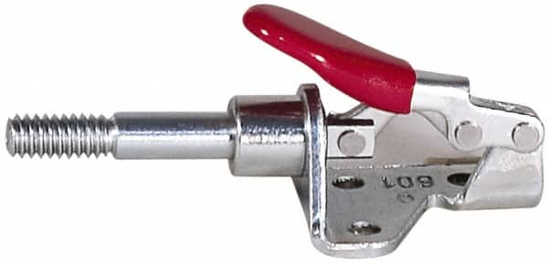 De-Sta-Co - 300 Lb Load Capacity, Flanged Base, Carbon Steel, Standard Straight Line Action Clamp - 4 Mounting Holes, 0.22" Mounting Hole Diam, 0.44" Plunger Diam, Straight Handle - Benchmark Tooling