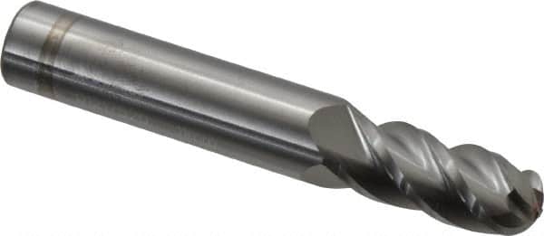 Accupro - 11mm Diam, 25mm LOC, 4 Flute Solid Carbide Ball End Mill - Uncoated, Single End, 76mm OAL, 12mm Shank Diam, Spiral Flute - Benchmark Tooling