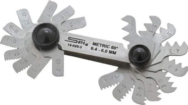 SPI - 20 Leaf, 0.4 to 6mm Pitch Range, Steel Screw Pitch Gage - 60° Thread Angle - Benchmark Tooling