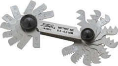 SPI - 20 Leaf, 0.4 to 6mm Pitch Range, Steel Screw Pitch Gage - 60° Thread Angle - Benchmark Tooling
