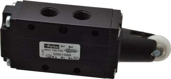 Parker - 0.83 CV Rate, 1/4" NPT Inlet HD Mechanical Oper Valve - 4 Way, 2 Position, 1/4" NPT Outlet, 150 Max psi, Roller Spring Return - Benchmark Tooling