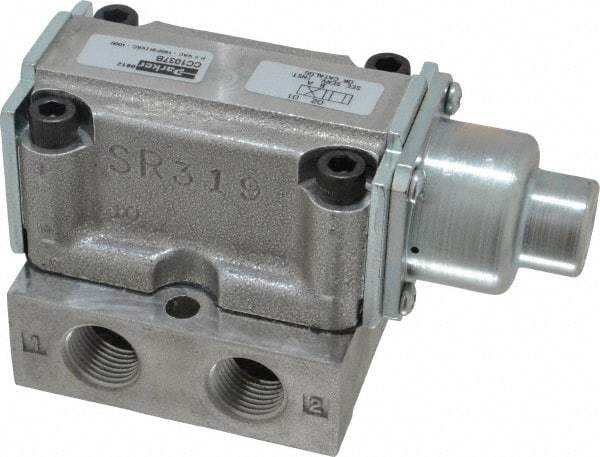 Parker - 1.5 CV Rate, 3/8" NPT Inlet HD Mechanical Oper Valve - 4 Way, 2 Position, 3/8" NPT Outlet, 150 Max psi, Air Pilot Spring Return - Benchmark Tooling