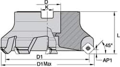 Kennametal - 5" Cut Diam, 1-1/2" Arbor Hole, 5mm Max Depth of Cut, 43° Indexable Chamfer & Angle Face Mill - 10 Inserts, OF.T64 Insert, Right Hand Cut, 10 Flutes, Through Coolant, Series KSOM - Benchmark Tooling