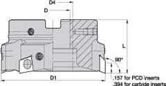 Kennametal - 5 Inserts, 3" Cut Diam, 1" Arbor Diam, 0.394" Max Depth of Cut, Indexable Square-Shoulder Face Mill - 0/90° Lead Angle, 1-3/4" High, BGHX 15L5... Insert Compatibility, Through Coolant, Series Fix-Perfect - Benchmark Tooling