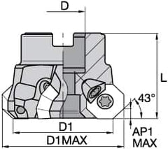 Kennametal - 4" Cut Diam, 1-1/4" Arbor Hole, 5mm Max Depth of Cut, 43° Indexable Chamfer & Angle Face Mill - 8 Inserts, OF.T64 Insert, Right Hand Cut, 8 Flutes, Through Coolant, Series KSOM - Benchmark Tooling