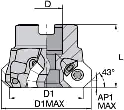 Kennametal - 3" Cut Diam, 1" Arbor Hole, 3.5mm Max Depth of Cut, 43° Indexable Chamfer & Angle Face Mill - 9 Inserts, OF.T 06L5... Insert, Right Hand Cut, 9 Flutes, Through Coolant, Series KSOM Mini - Benchmark Tooling