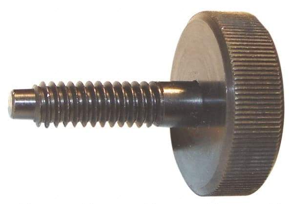 Morton Machine Works - M8x1.25 Knurled Shoulderless Dog Point Tip Grade C-12L14 Steel Thumb Screw - 1-7/8" OAL, 1-1/8" Head Diam x 3/8" Head Height, Black Oxide Finish - Benchmark Tooling