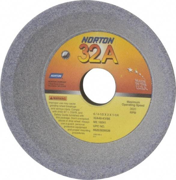 Norton - 6" Diam, 1-1/4" Hole Size, 2" Overall Thickness, 46 Grit, Type 11 Tool & Cutter Grinding Wheel - Coarse Grade, Aluminum Oxide, K Hardness, Vitrified Bond, 3,820 RPM - Benchmark Tooling