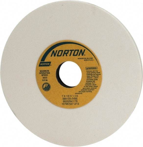 Norton - 7" Diam x 1-1/4" Hole x 1/2" Thick, J Hardness, 150 Grit Surface Grinding Wheel - Aluminum Oxide, Type 1, Very Fine Grade, 3,600 Max RPM, Vitrified Bond, No Recess - Benchmark Tooling