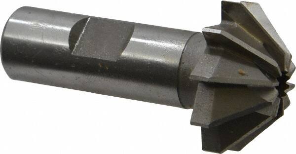 Made in USA - 1-1/4" Large x 1/2" Small Diam, 17/32" Width of Cut, 90° Included Angle, 10 Teeth, High Speed Steel Face Angle Cutter - 5/8" Shank Diam, 2-13/32" Overall Length, Weldon Flat - Benchmark Tooling