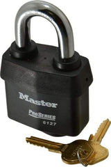 Master Lock - 1-3/8" Shackle Clearance, Keyed Different Padlock - 7/8" Shackle Width, 7/16" Shackle Diam, Laminated Steel - Benchmark Tooling