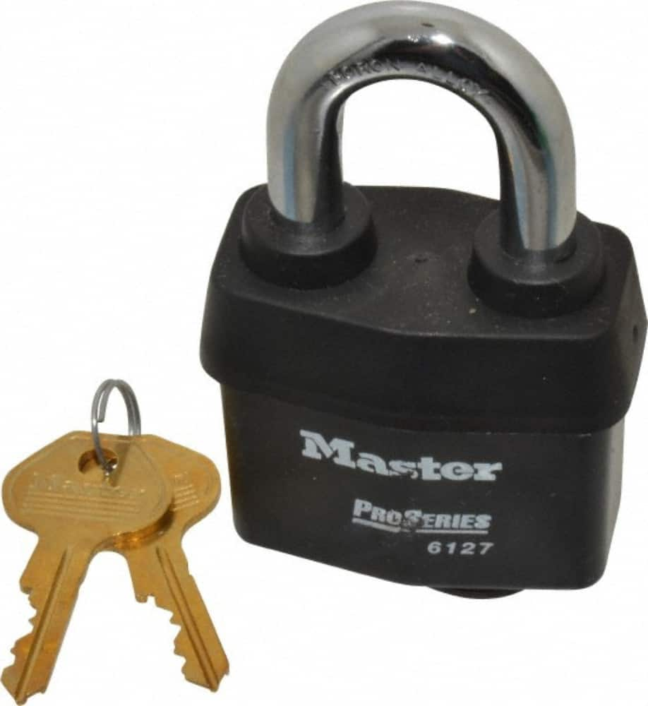 Master Lock - 1-3/8" Shackle Clearance, Keyed Alike Padlock - 7/8" Shackle Width, 7/16" Shackle Diam, Laminated Steel - Benchmark Tooling