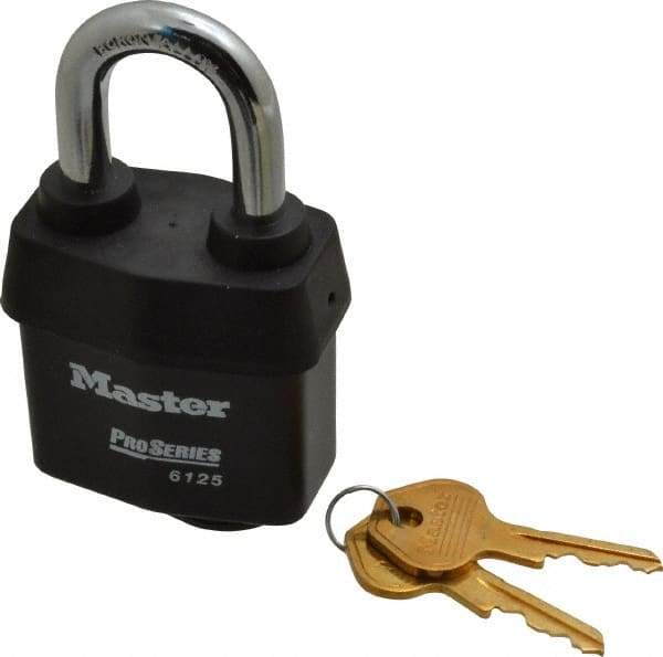 Master Lock - 1-3/8" Shackle Clearance, Keyed Different Padlock - 7/8" Shackle Width, 3/8" Shackle Diam, Laminated Steel - Benchmark Tooling