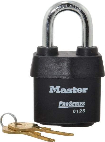 Master Lock - 1-3/8" Shackle Clearance, Keyed Alike Padlock - 7/8" Shackle Width, 3/8" Shackle Diam, Laminated Steel - Benchmark Tooling