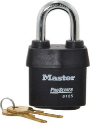 Master Lock - 1-3/8" Shackle Clearance, Keyed Alike Padlock - 7/8" Shackle Width, 3/8" Shackle Diam, Laminated Steel - Benchmark Tooling