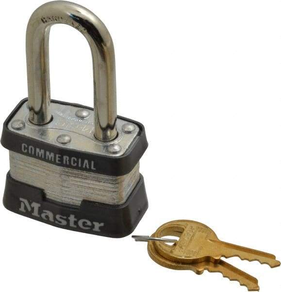 Master Lock - 1-1/2" Shackle Clearance, Keyed Alike Padlock - 3/32" Shackle Width, 9/32" Shackle Diam, Steel - Benchmark Tooling