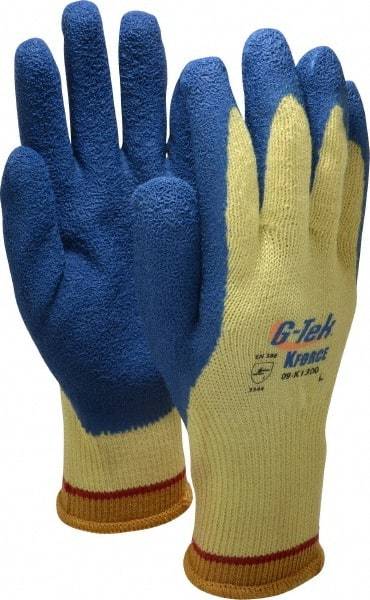 PIP - Size L (9), ANSI Cut Lvl A4, Puncture Lvl 4, Abrasion Lvl 3, Latex Coated Cut Resistant Gloves - Palm & Fingers Coated, Kevlar Lining, Knit Wrist, Yellow/Blue, Paired - Benchmark Tooling