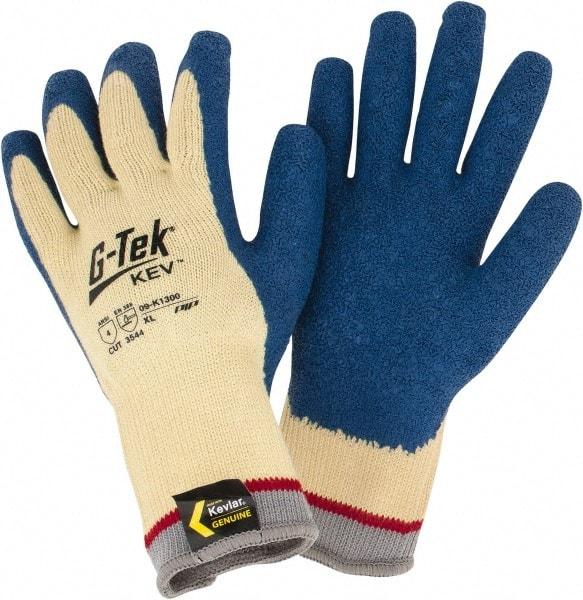 PIP - Size XL (10), ANSI Cut Lvl A4, Puncture Lvl 4, Abrasion Lvl 3, Latex Coated Cut Resistant Gloves - Palm & Fingers Coated, Kevlar Lining, Knit Wrist, Yellow/Blue, Paired - Benchmark Tooling
