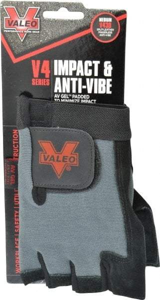 Valeo - Size M (8-9) Split Cowhide Anti-Vibration/Impact Protection Work Gloves - For General Purpose, Uncoated, Hook & Loop Cuff, Fingerless, Black, Paired - Benchmark Tooling