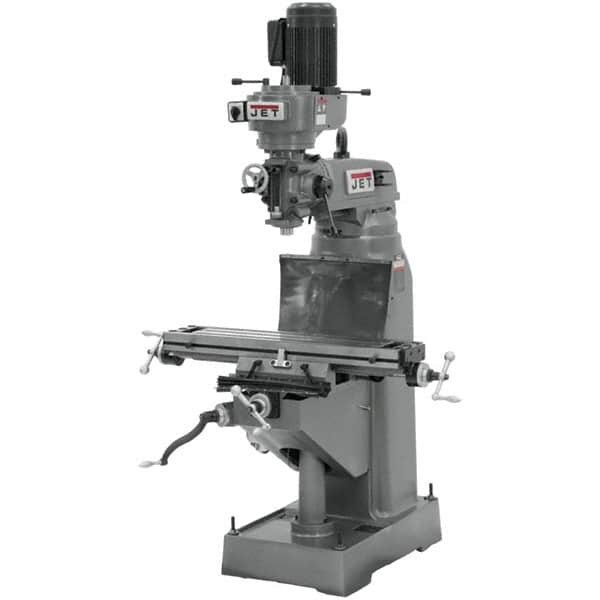 Jet - 7-7/8" Table Width x 35-3/4" Table Length, Step Pulley Control, 3 Phase Knee Milling Machine - R8 Spindle Taper, 1-1/2 hp - Benchmark Tooling