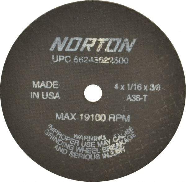 Norton - 4" 36 Grit Aluminum Oxide Cutoff Wheel - 1/16" Thick, 3/8" Arbor, 19,100 Max RPM, Use with Die Grinders - Benchmark Tooling