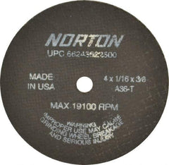 Norton - 4" 36 Grit Aluminum Oxide Cutoff Wheel - 1/16" Thick, 3/8" Arbor, 19,100 Max RPM, Use with Die Grinders - Benchmark Tooling