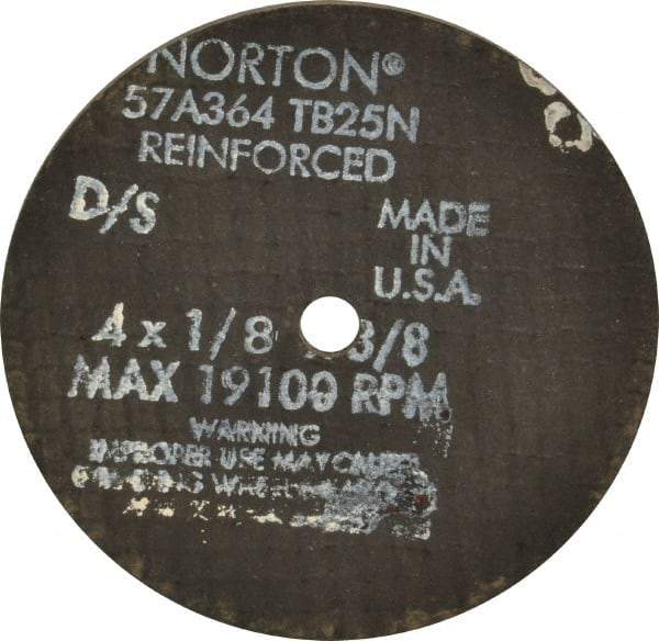 Norton - 4" 36 Grit Aluminum Oxide Cutoff Wheel - 1/8" Thick, 3/8" Arbor, 19,100 Max RPM, Use with Die Grinders - Benchmark Tooling