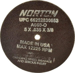 Norton - 5" 60 Grit Aluminum Oxide Cutoff Wheel - 0.035" Thick, 3/8" Arbor, 12,225 Max RPM, Use with Die Grinders - Benchmark Tooling