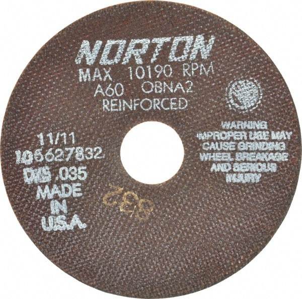 Norton - 6" 60 Grit Aluminum Oxide Cutoff Wheel - 0.035" Thick, 1-1/4" Arbor, 10,190 Max RPM, Use with Angle Grinders - Benchmark Tooling