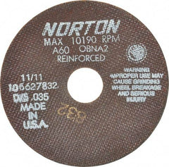 Norton - 6" 60 Grit Aluminum Oxide Cutoff Wheel - 0.035" Thick, 1-1/4" Arbor, 10,190 Max RPM, Use with Angle Grinders - Benchmark Tooling