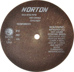 Norton - 7" 60 Grit Aluminum Oxide Cutoff Wheel - 0.06" Thick, 1/2" Arbor, 8,730 Max RPM, Use with Stationary Grinders - Benchmark Tooling
