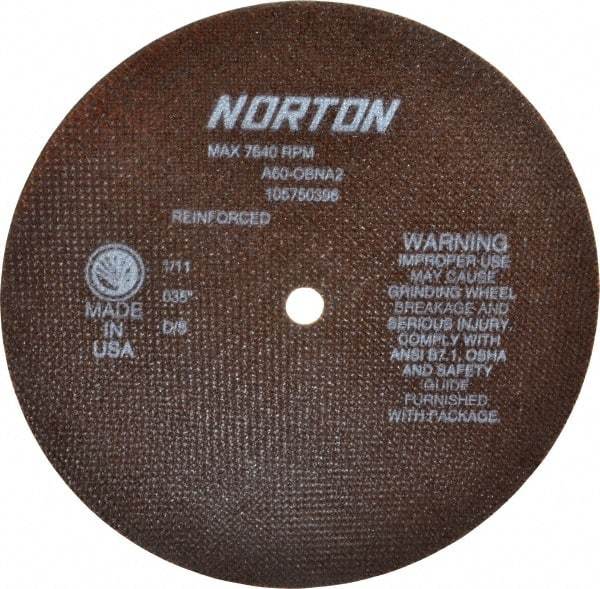 Norton - 8" 60 Grit Aluminum Oxide Cutoff Wheel - 0.035" Thick, 1/2" Arbor, 7,640 Max RPM, Use with Stationary Grinders - Benchmark Tooling