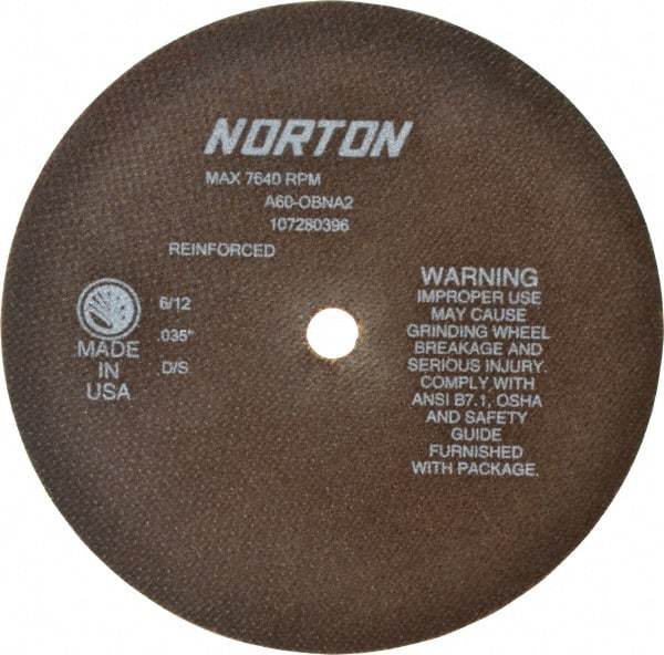 Norton - 8" 60 Grit Aluminum Oxide Cutoff Wheel - 0.035" Thick, 5/8" Arbor, 7,640 Max RPM, Use with Circular Saws - Benchmark Tooling