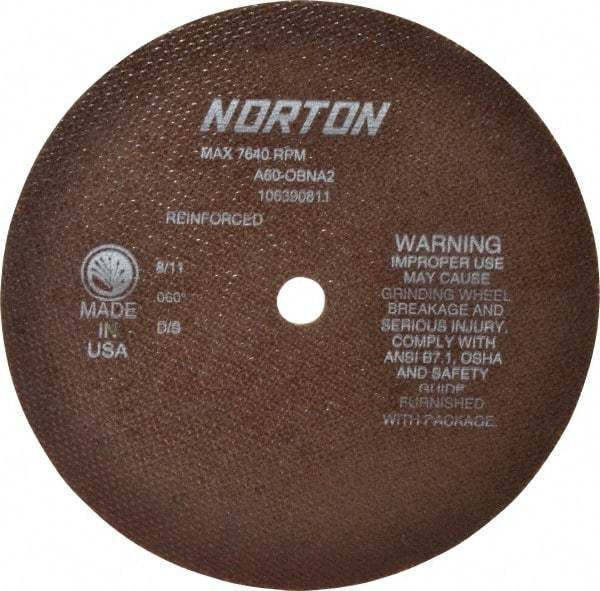 Norton - 8" 60 Grit Aluminum Oxide Cutoff Wheel - 0.06" Thick, 5/8" Arbor, 7,640 Max RPM, Use with Circular Saws - Benchmark Tooling