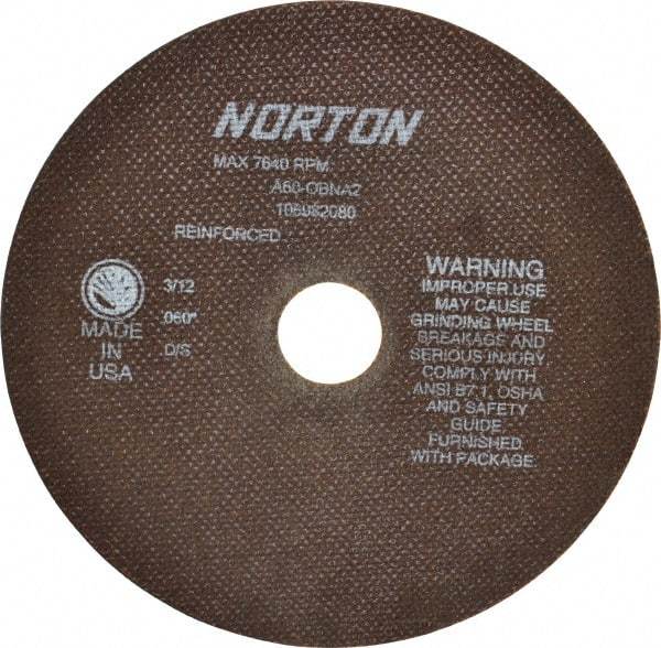 Norton - 8" 60 Grit Aluminum Oxide Cutoff Wheel - 0.06" Thick, 1-1/4" Arbor, 7,640 Max RPM, Use with Stationary Grinders - Benchmark Tooling