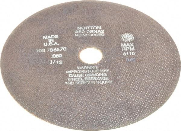 Norton - 10" 60 Grit Aluminum Oxide Cutoff Wheel - 0.06" Thick, 1-1/4" Arbor, 6,110 Max RPM, Use with Stationary Grinders - Benchmark Tooling