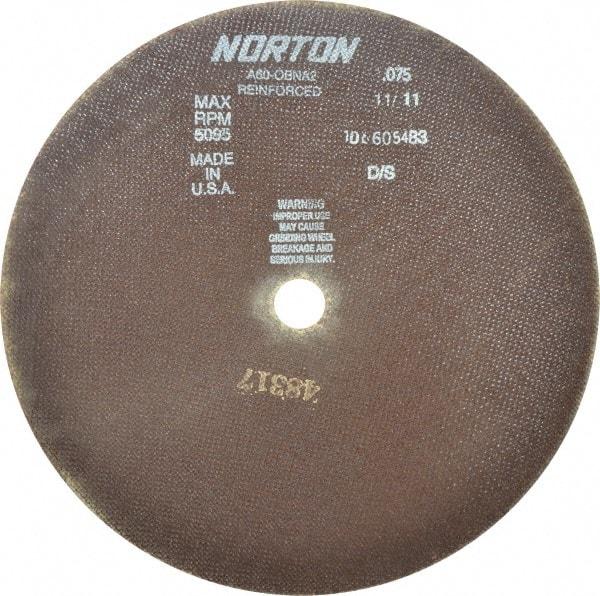 Norton - 12" 60 Grit Aluminum Oxide Cutoff Wheel - 0.075" Thick, 1" Arbor, 5,095 Max RPM, Use with Stationary Grinders - Benchmark Tooling