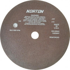 Norton - 12" 60 Grit Aluminum Oxide Cutoff Wheel - 0.075" Thick, 1-1/4" Arbor, 5,095 Max RPM, Use with Stationary Grinders - Benchmark Tooling