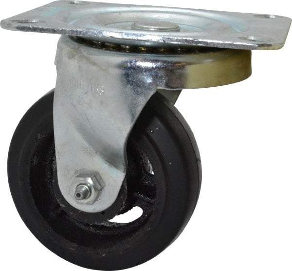 Fairbanks - 4" Diam x 1-1/2" Wide x 5-1/4" OAH Top Plate Mount Swivel Caster - Rubber, 200 Lb Capacity, Roller Bearing, 4 x 5" Plate - Benchmark Tooling