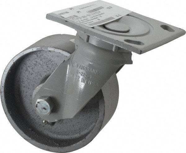 Fairbanks - 5" Diam x 2" Wide x 6-1/2" OAH Top Plate Mount Swivel Caster - Semi-Steel, 1,000 Lb Capacity, Roller Bearing, 4 x 4-1/2" Plate - Benchmark Tooling