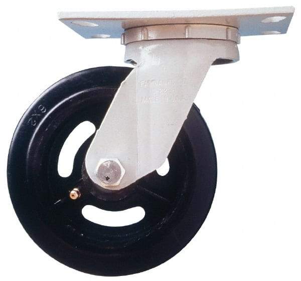 Fairbanks - 8" Diam x 2" Wide x 9-1/2" OAH Top Plate Mount Swivel Caster - Semi-Steel, 1,200 Lb Capacity, Roller Bearing, 4-1/2 x 6-1/4" Plate - Benchmark Tooling