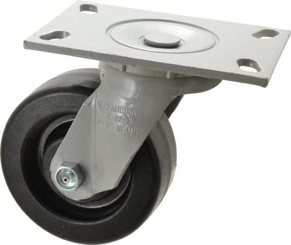 Fairbanks - 5" Diam x 2" Wide x 6-1/2" OAH Top Plate Mount Swivel Caster - Phenolic, 1,000 Lb Capacity, Roller Bearing, 4-1/2 x 6-1/4" Plate - Benchmark Tooling