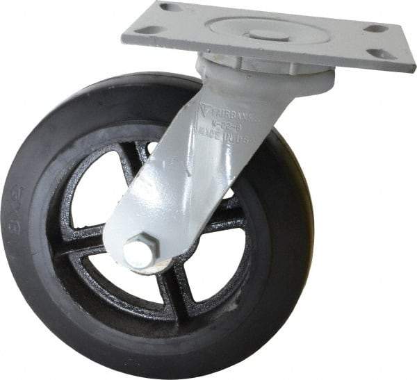 Fairbanks - 8" Diam x 2" Wide x 9-1/2" OAH Top Plate Mount Swivel Caster - Rubber, 500 Lb Capacity, Roller Bearing, 4-1/2 x 6-1/4" Plate - Benchmark Tooling