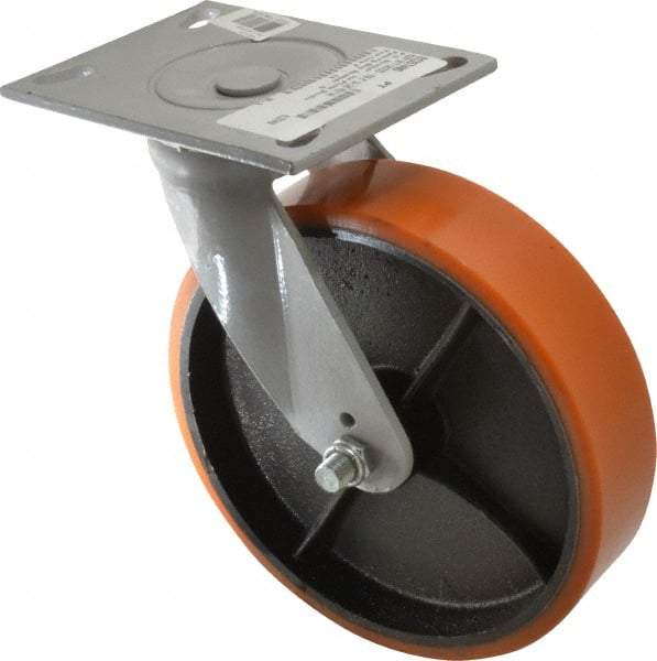 Fairbanks - 8" Diam x 2" Wide x 9-1/2" OAH Top Plate Mount Swivel Caster - Polyurethane, 1,200 Lb Capacity, Roller Bearing, 4-1/2 x 6-1/4" Plate - Benchmark Tooling