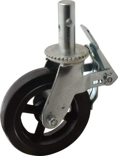 Fairbanks - 9-1/2" Diam x 2" Wide, Rubber Molded on 70 Durometer Swivel with Brake Double Braking Lock Design Caster - 500 Lb Capacity, Round Scaffold Stem Mount, Roller Bearing - Benchmark Tooling