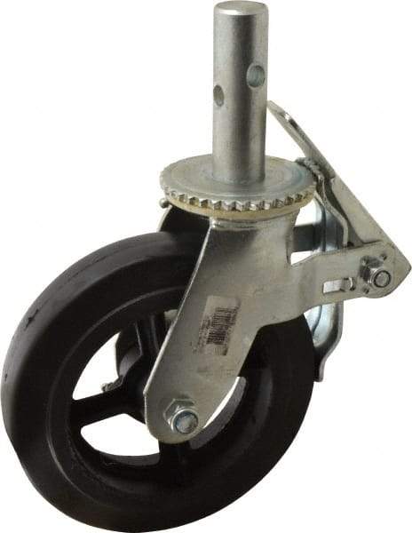Fairbanks - 9-1/2" Diam x 2" Wide, Rubber Molded on 90 Durometer Swivel with Brake Double Braking Lock Design Caster - 500 Lb Capacity, Round Scaffold Stem Mount, Roller Bearing - Benchmark Tooling